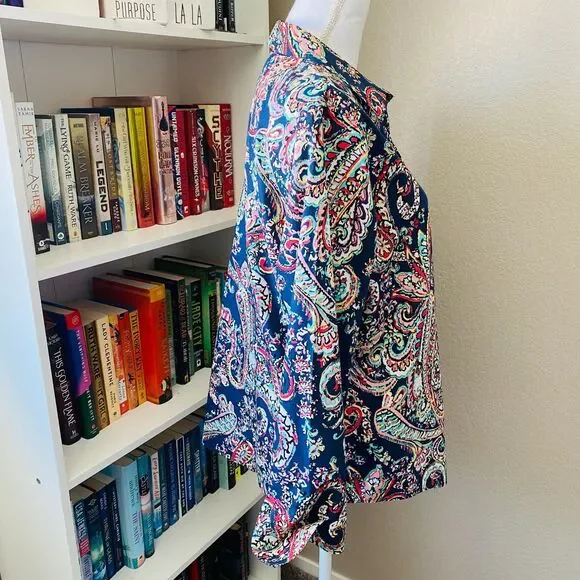 CHICO'S Paisley Blue Printed Button Down Long Sleeve No-Iron Top Size Large - Picture 3 of 9